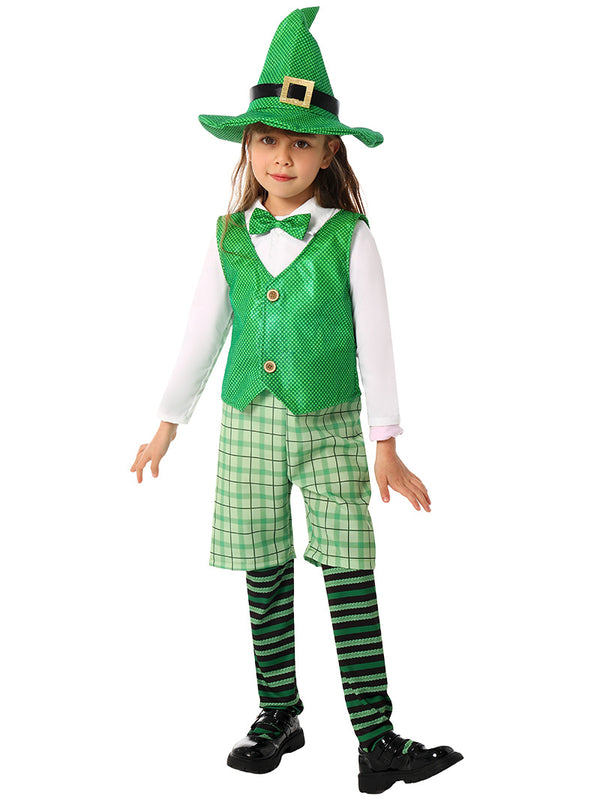 Child wearing emerald green leprechaun costume with pointed hat and bow tie for Book Week