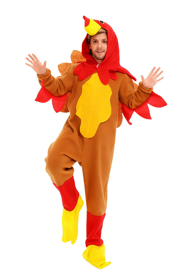 Adult wearing full brown turkey costume with red wings and yellow belly panel
