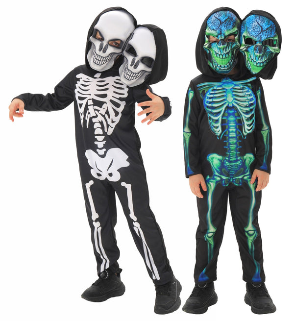 Kids two-headed skeleton costume with double skull headpiece and full-body bone print jumpsuit