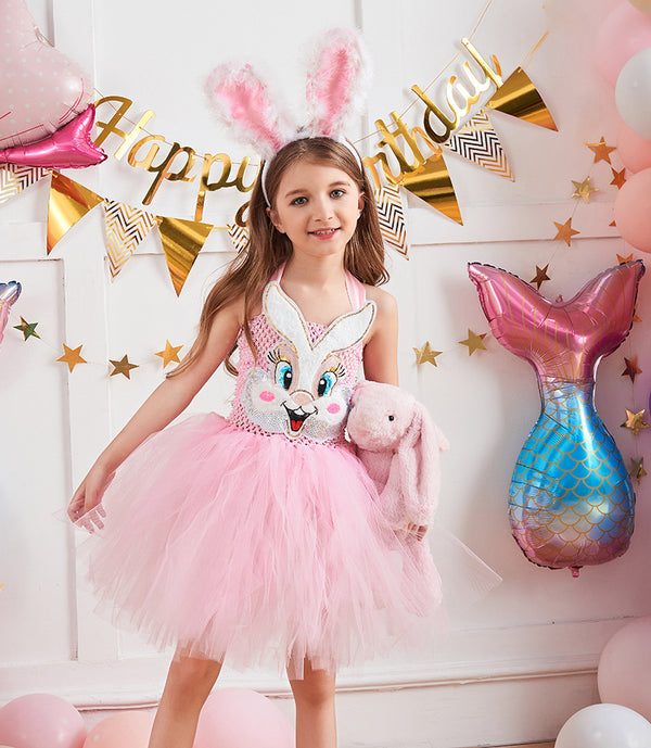 Kids pink bunny costume tutu dress with sequined bunny face and white fluffy tail