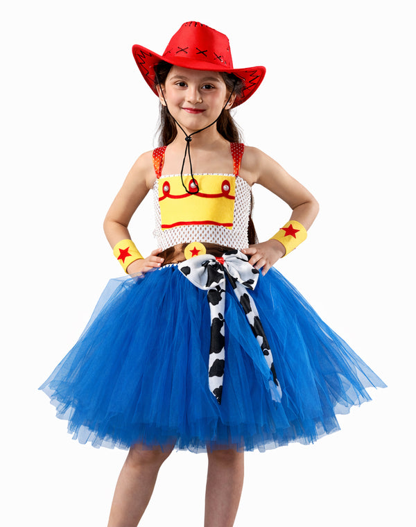 Kids cowgirl tutu costume with blue skirt, yellow vest bodice, cow print sash, and red cowboy hat