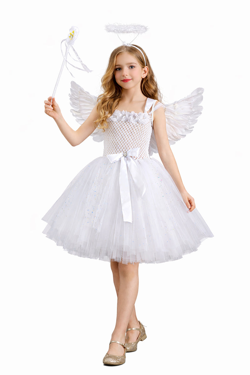 Kids white angel costume dress with sparkle tulle skirt and feathered wings