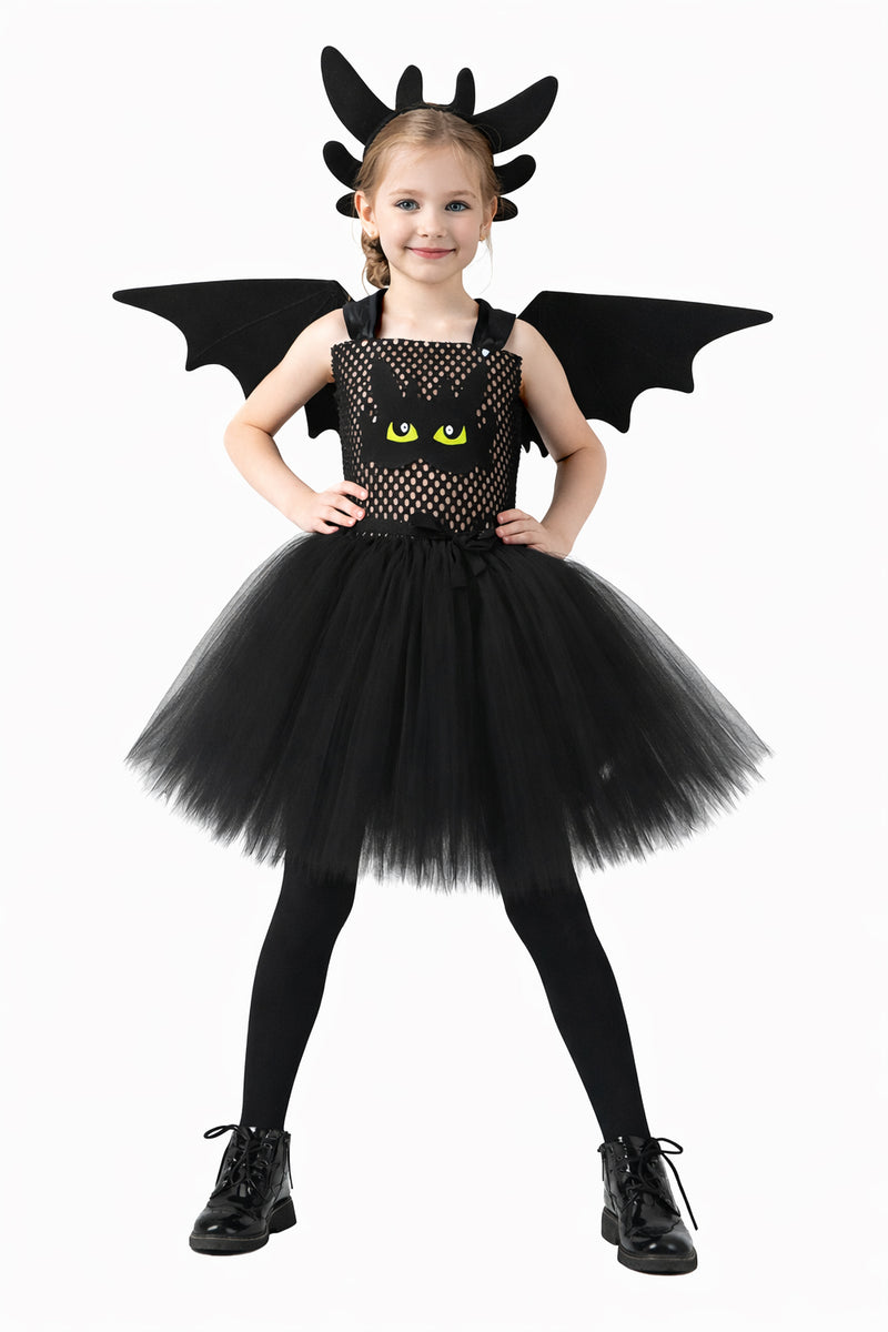 Kids black dragon tutu costume with wings and tail front view