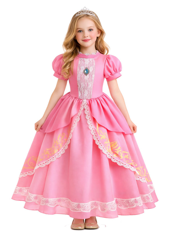 Girls pink princess ball gown costume with multi-tiered skirt and crown headband