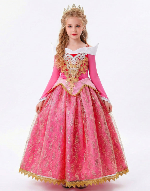 Pink princess costume dress with gold embroidered bodice and white collar