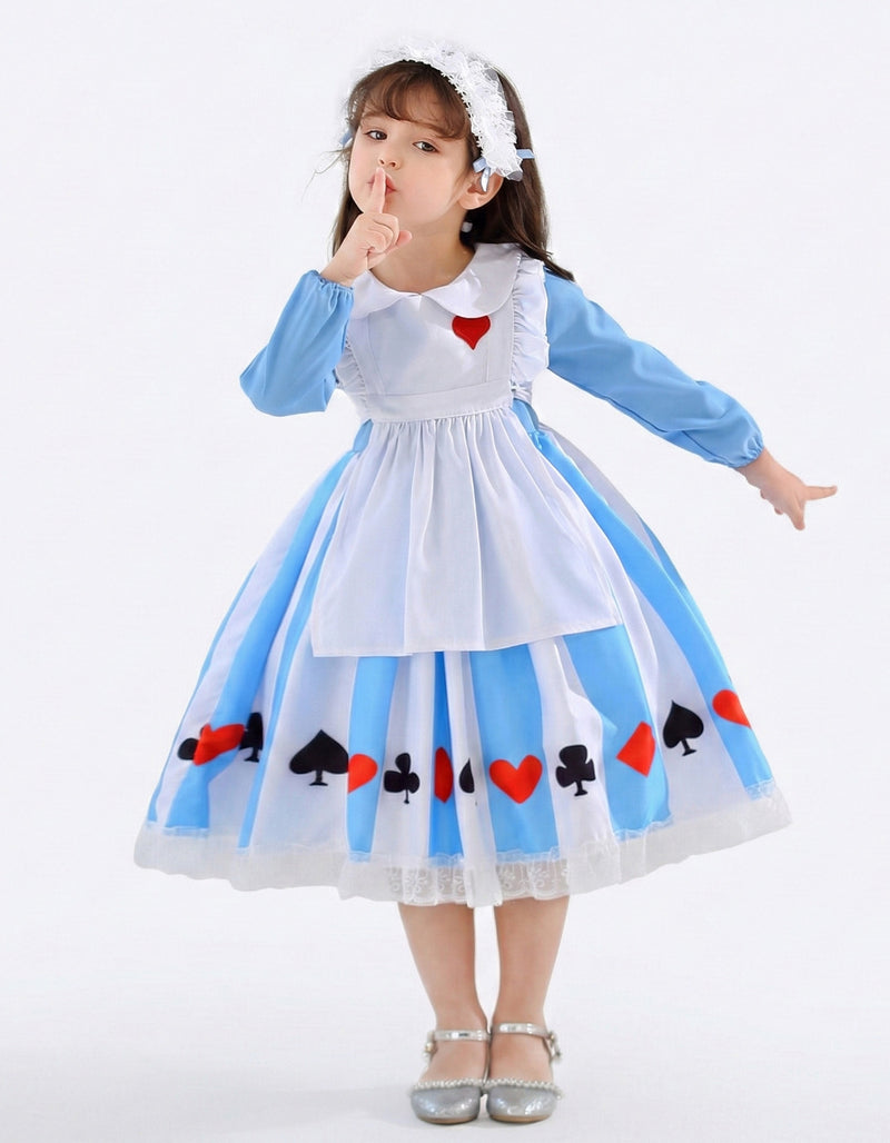 Kids Alice costume with blue dress and white pinafore apron front view