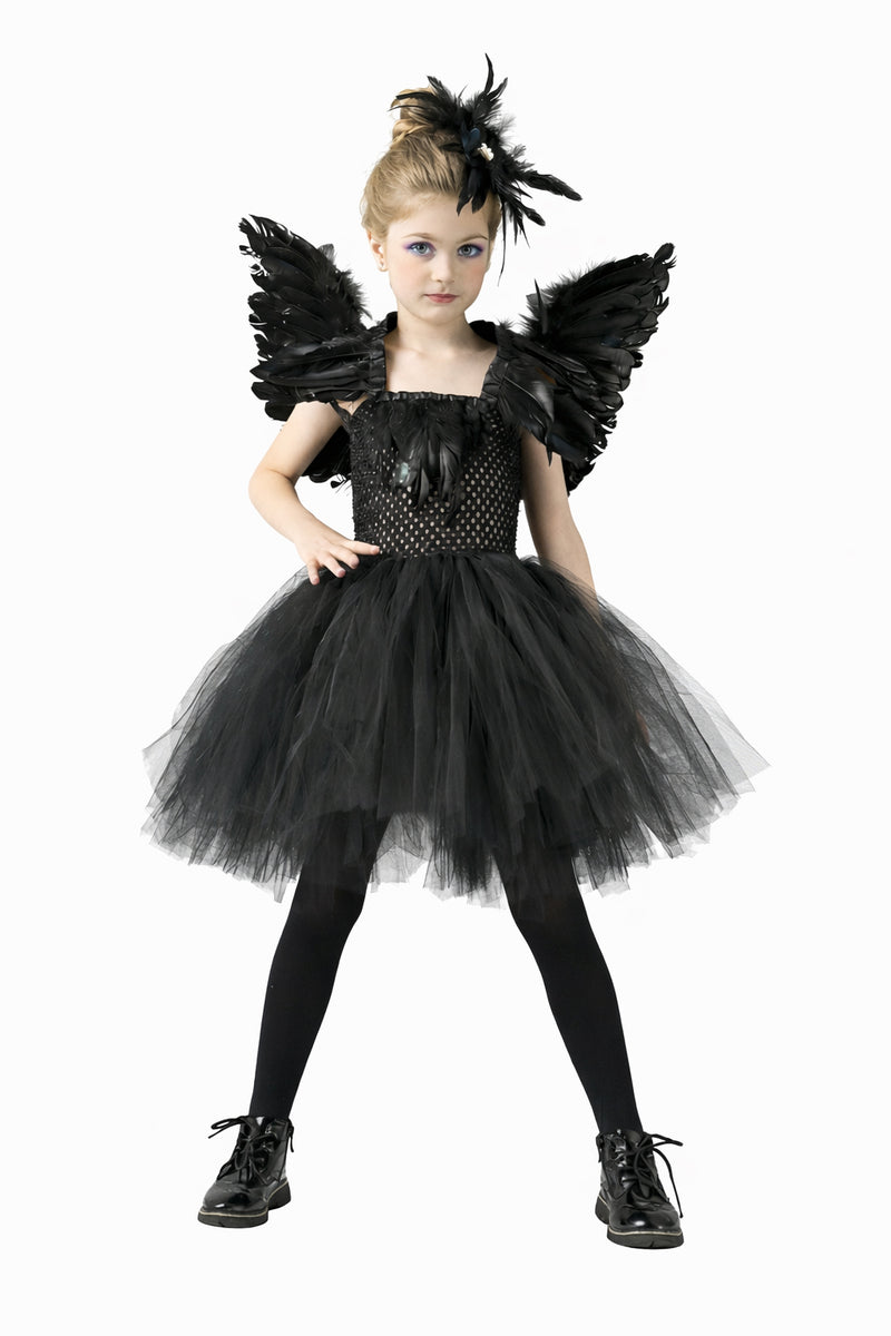 Kids dark angel costume with black feather wings and tutu dress on child