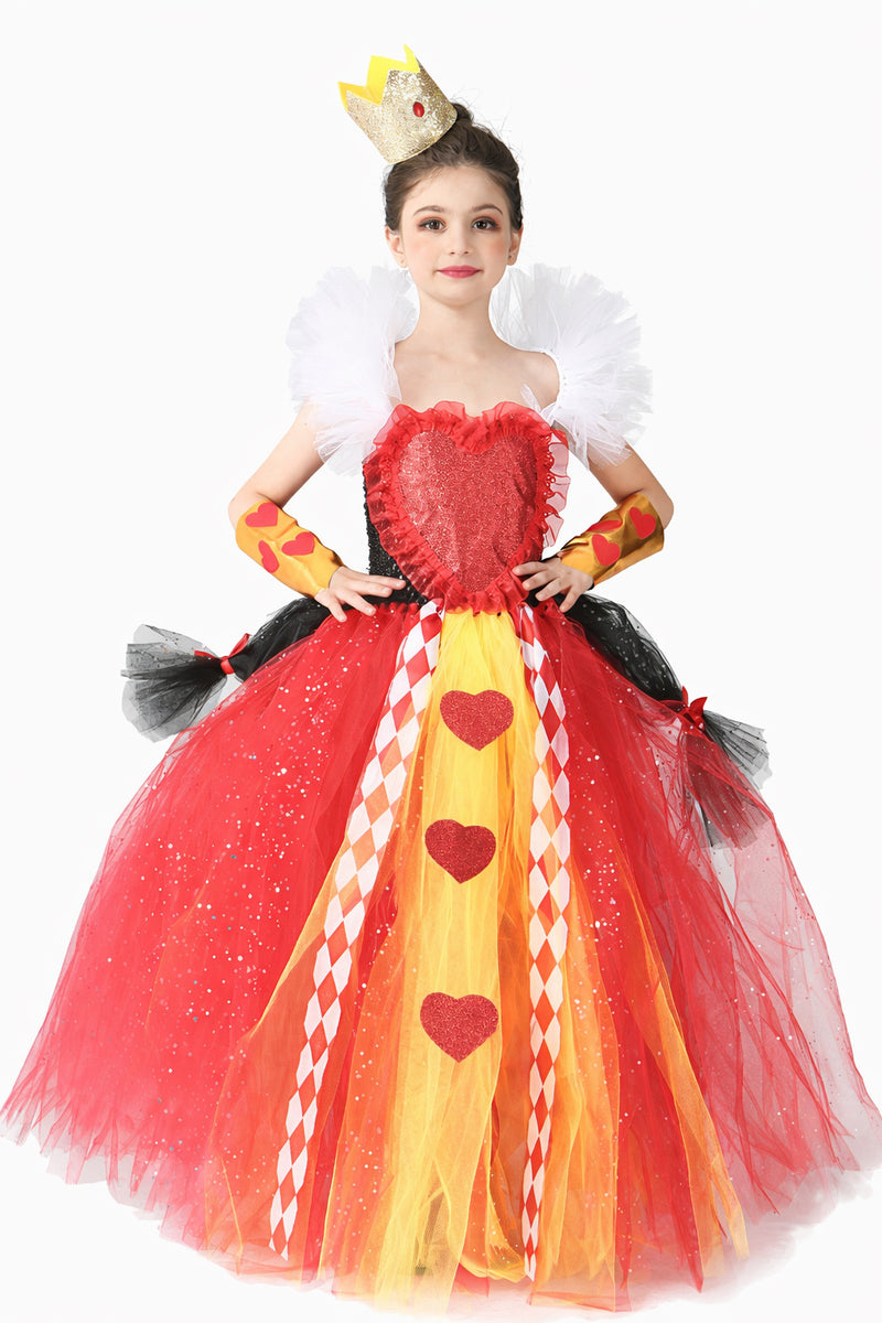 Kids Storybook Card Queen Costume red glitter tutu dress with gold heart panel and white collar ruff