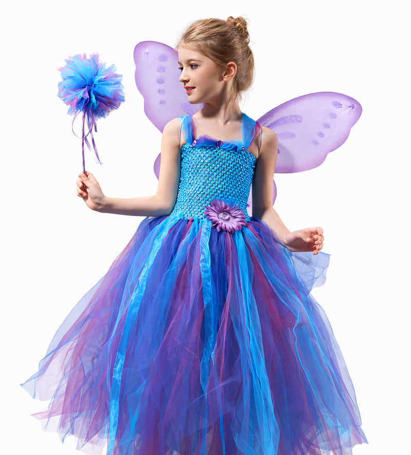 Kids Butterfly Fairy Costume - Blue & Purple Wings & Wand Set