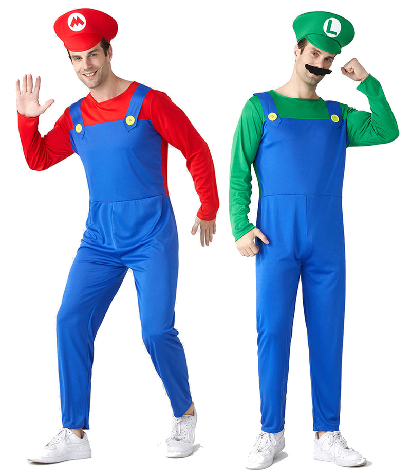 Men's red plumber video game costume with blue overalls and red cap