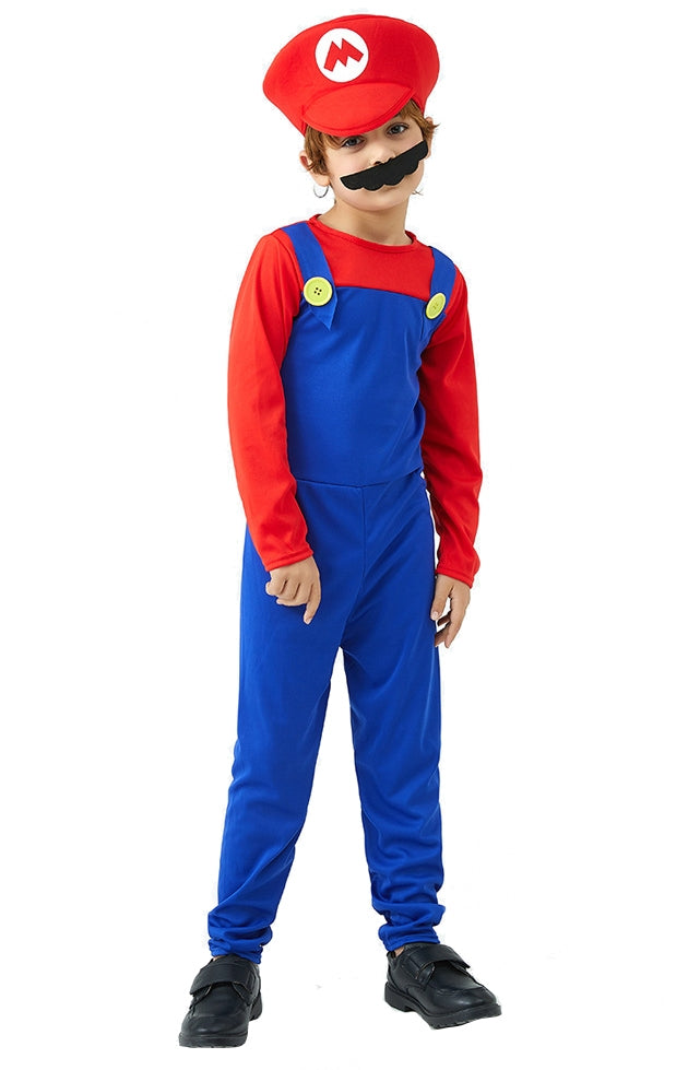 Kids red and blue video game plumber jumpsuit costume