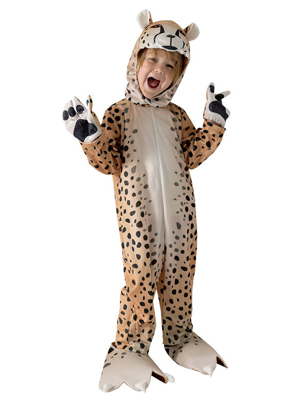 Child wearing full leopard costume jumpsuit with spotted print and 3D hood