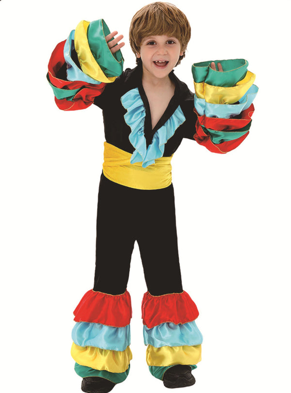 Boys Spanish Flamenco dancer costume with rainbow ruffled sleeves and pant cuffs