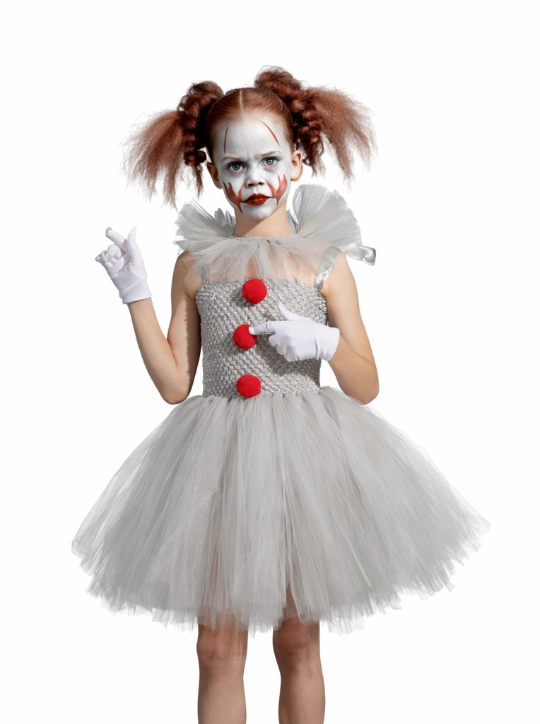 Girls horror clown costume with grey tutu dress and ruffled collar on white background
