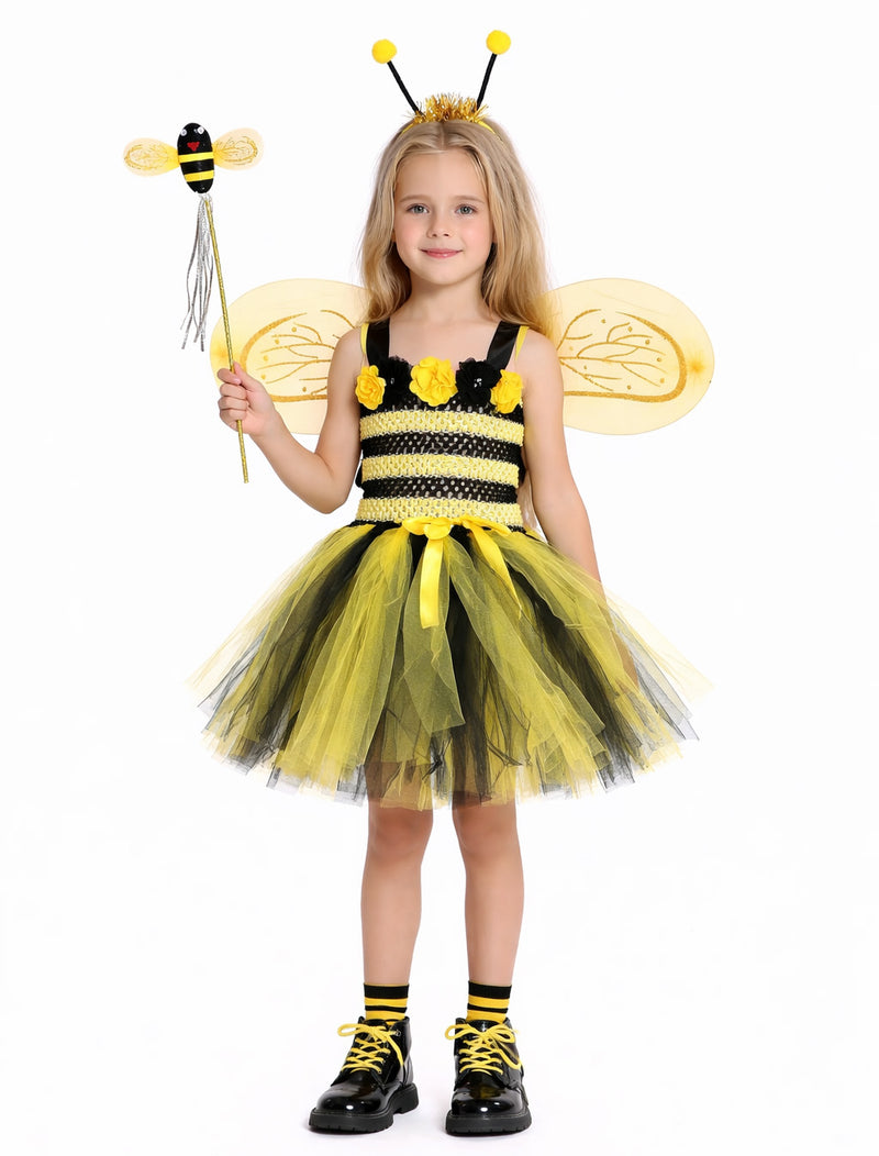Girls bumble bee tutu costume with black and yellow striped bodice and layered tulle skirt