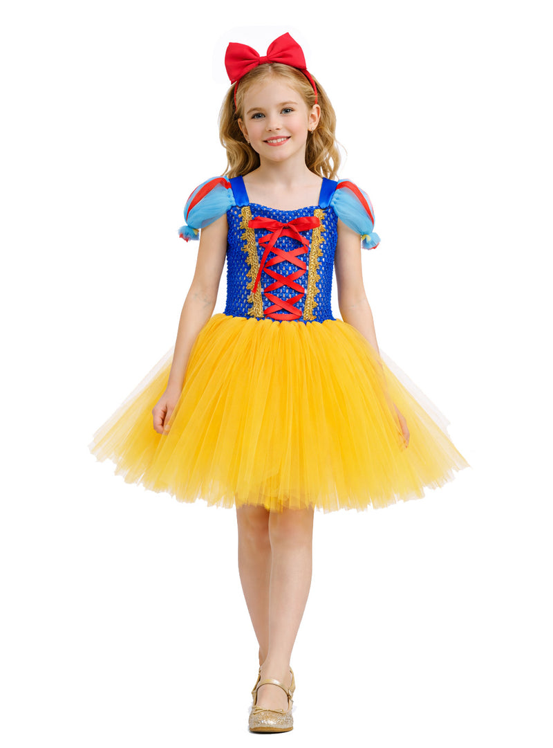 Girls princess tutu dress costume with blue sequined bodice and yellow tulle skirt