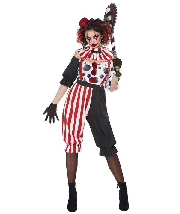 Women's horror circus clown costume with red and white striped ruffle collar and asymmetrical pants