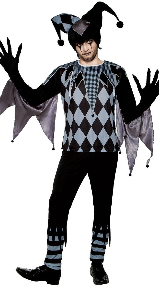 Adult dark jester costume with black and grey harlequin pattern, pointed hat with pompoms