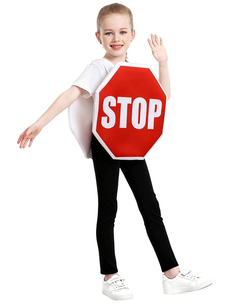 Child wearing red octagonal stop sign tunic costume with white STOP lettering