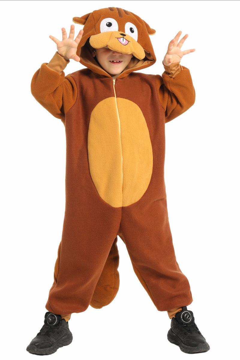 Child wearing brown bear costume with hooded face and tan belly panel