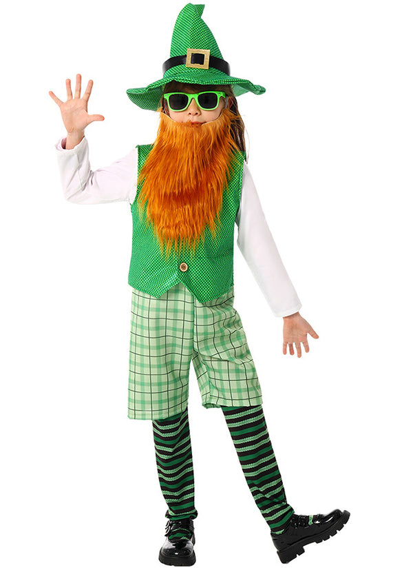 Child wearing complete green leprechaun costume with orange beard, pointed hat and striped stockings