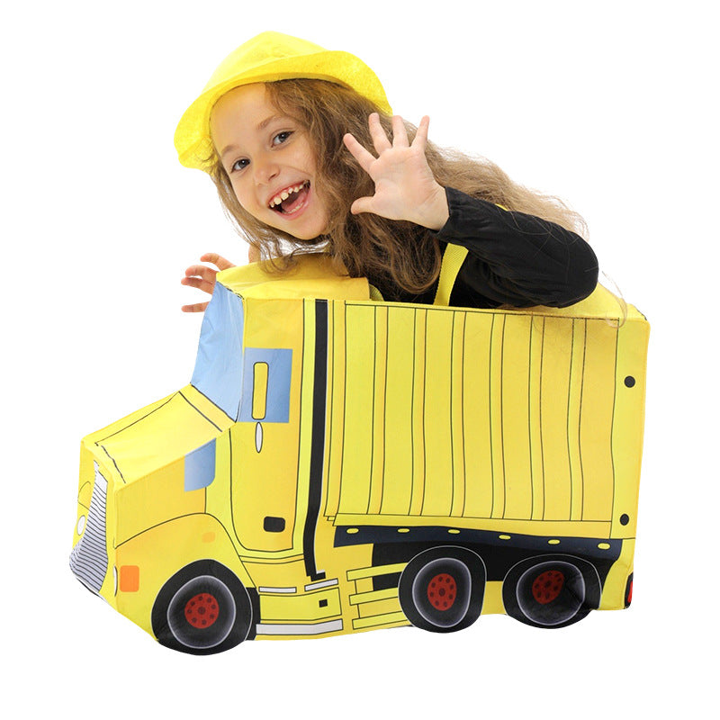 Kids yellow construction dump truck wear-on cardboard costume with matching builder cap