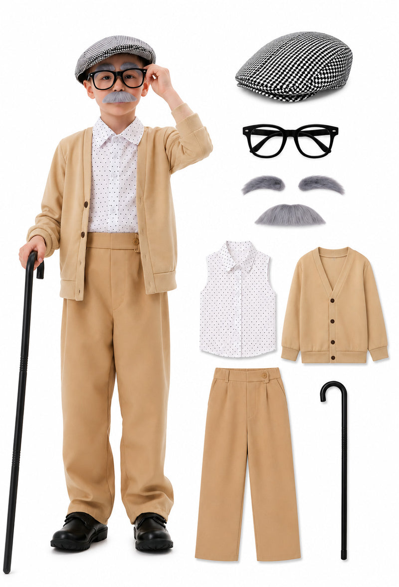Kids grandpa costume 7 piece set with black white houndstooth newsboy cap grey eyebrows mustache black glasses beige cardigan and accessories