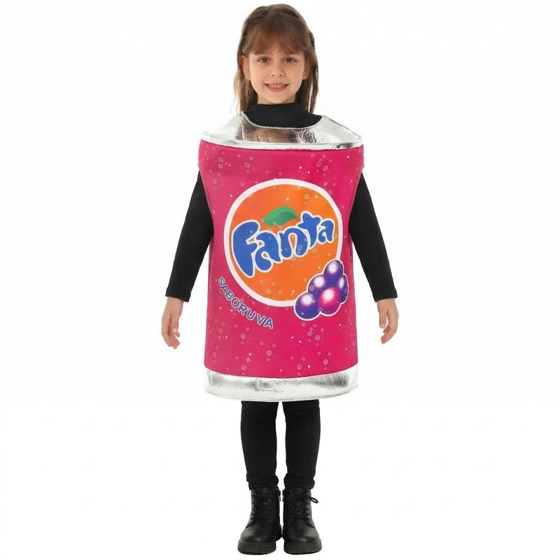 Child wearing pink grape soft drink can costume tabard over black top and pants