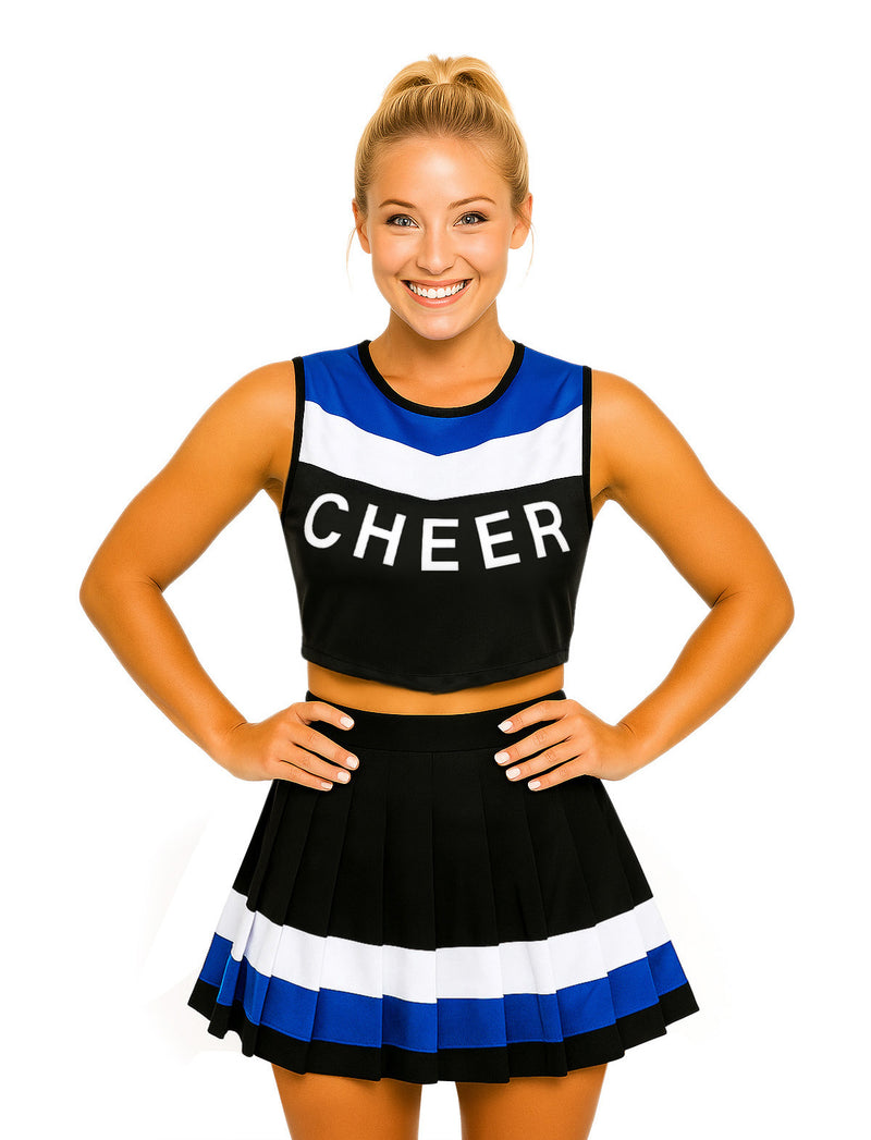 Womens Cheerleader Costume - Black Blue White Spirit Squad Outfit