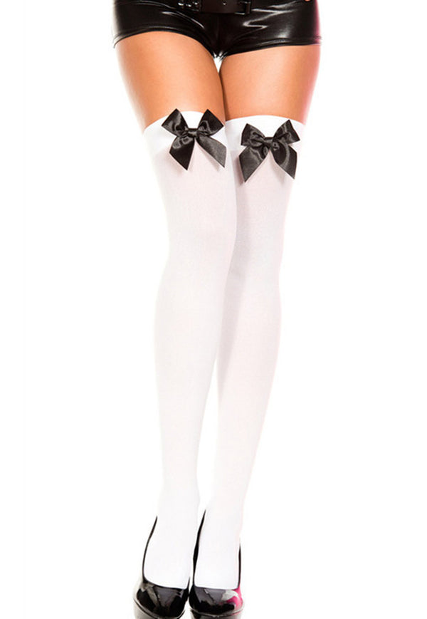 White Tight High Stockings With Black Bow