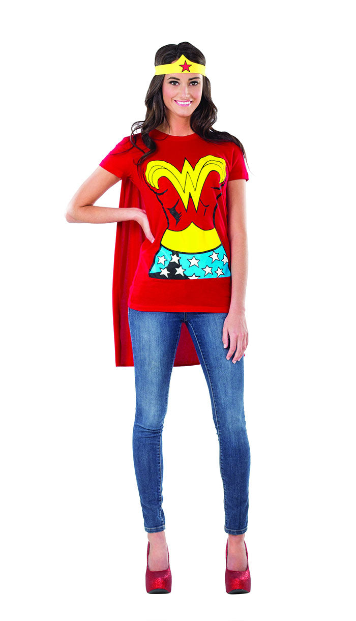 Wonder Woman T-Shirt Adult Easy Fancy Dress Up Superhero Costume Cape Outfits