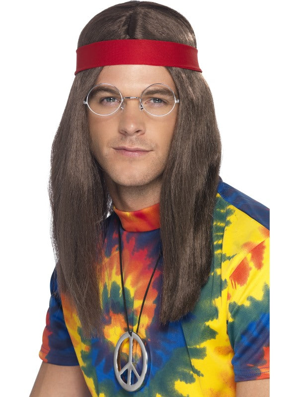 Hippy Mens Kit 1960s Groovy Costume Brown Wig Hippie Rock Peace Beatles