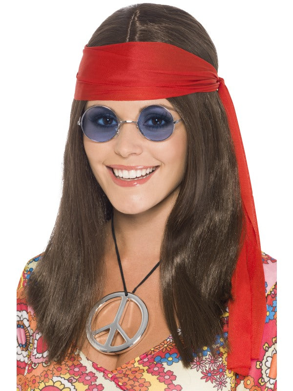 Ladies Hippy Chick Kit 1960s Groovy Brown Wig Hippie Rock Peace Beatles