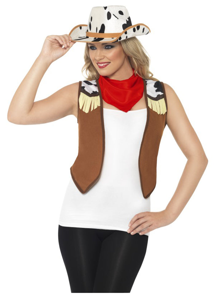 Womens Ladies Instant Wild West Costume Kit Fancy Dress Western Cow Girl Hat