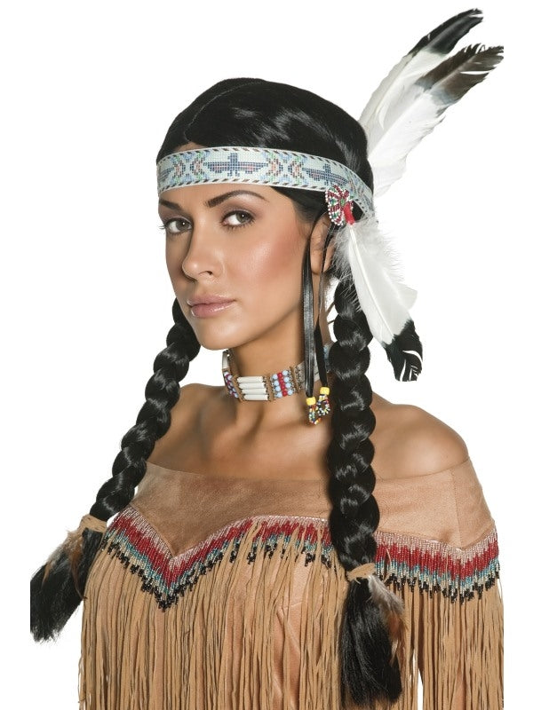 Native American Indian Maiden Pocahontas Wig With Plaits Braid With Feather