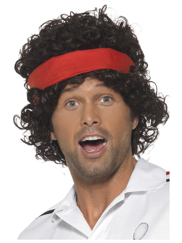 Mens 80s Eigthies Tennis Player Wig Brown Headband Athletes