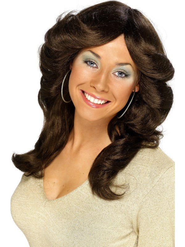 70s Disco Flick Brunette Long Wavy Wig Brown