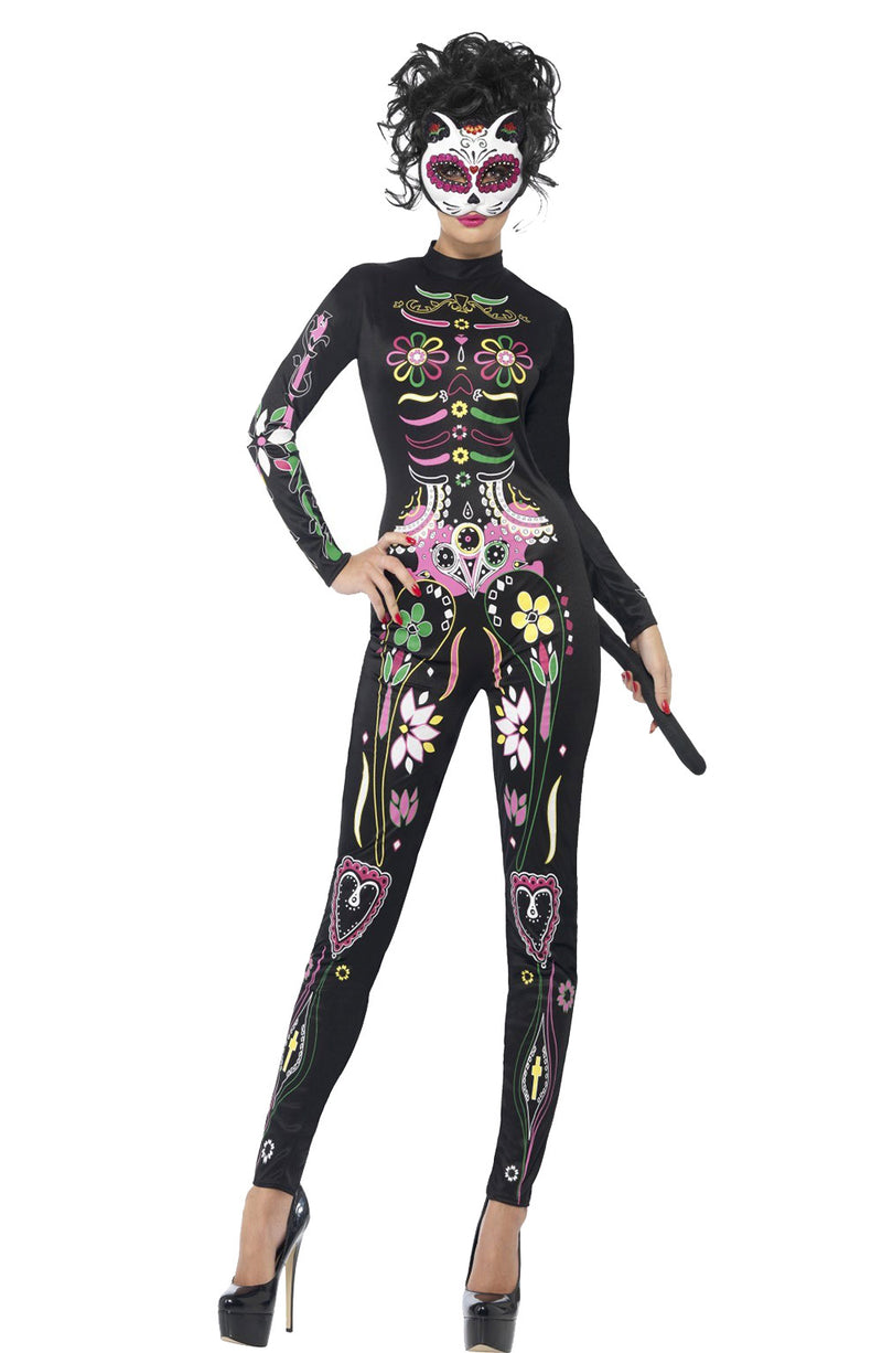 Sugar Skull Cat Costume Day of the Dead Womens Halloween Mexican Fancy Dress