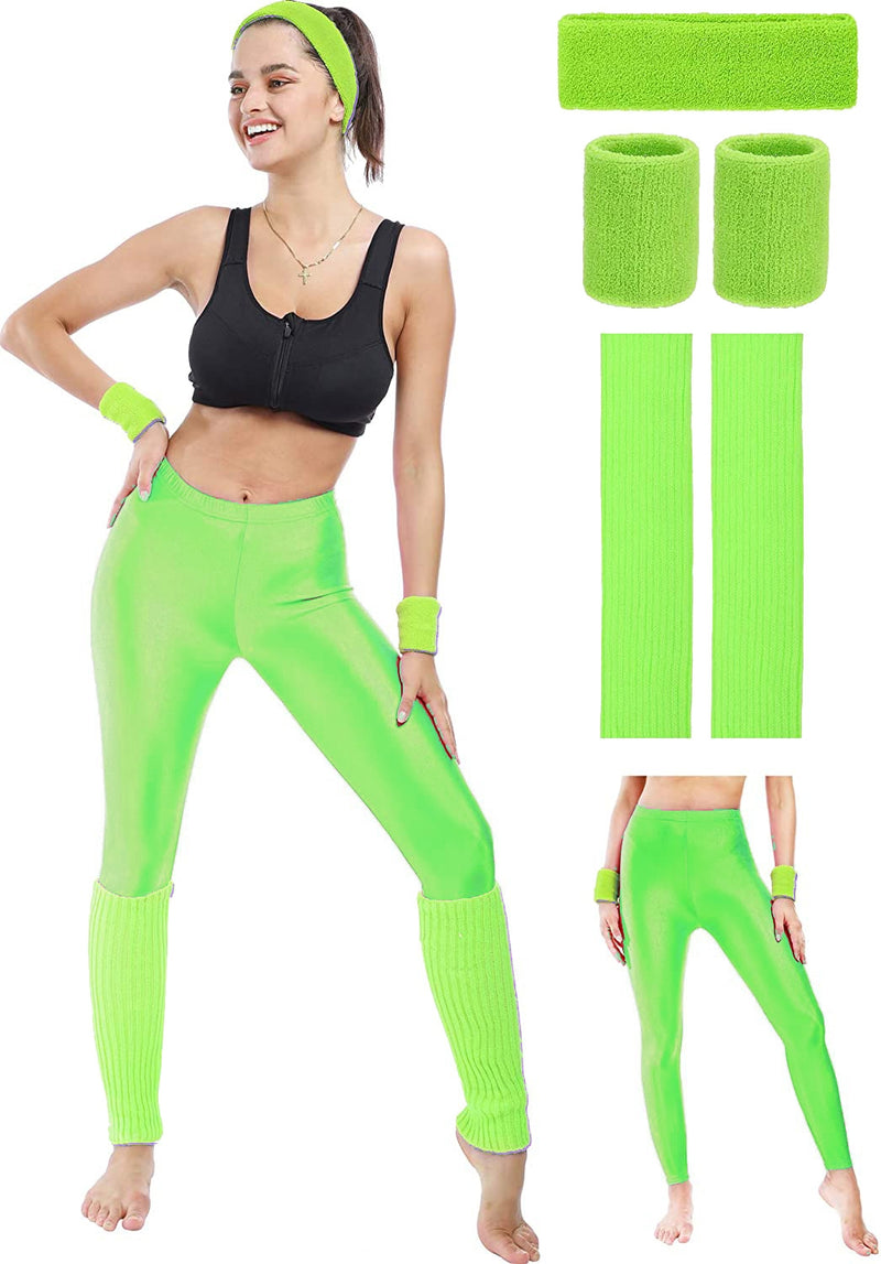 Green Adult 80s Aerobics Costume Set - Neon Leggings Leg Warmers Headband