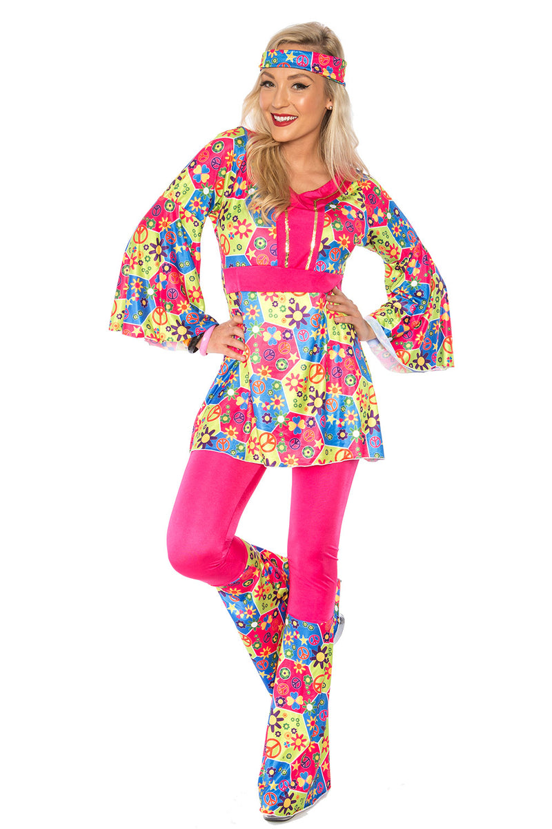 Ladies 1960s 1970s Retro Groovy Costume Hippie Hippy 60s 70s Disco Fancy Dress