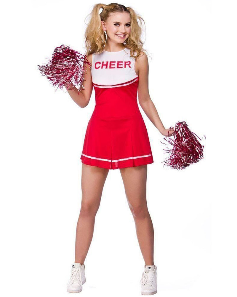 Red Ladies Cheerleader School Girl Uniform Fancy Dress Costume