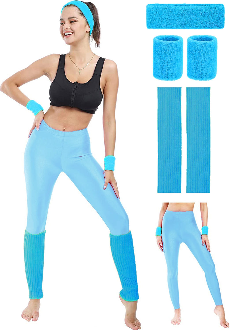 Blue Adult 80s Aerobics Costume Set - Neon Leggings Leg Warmers Headband