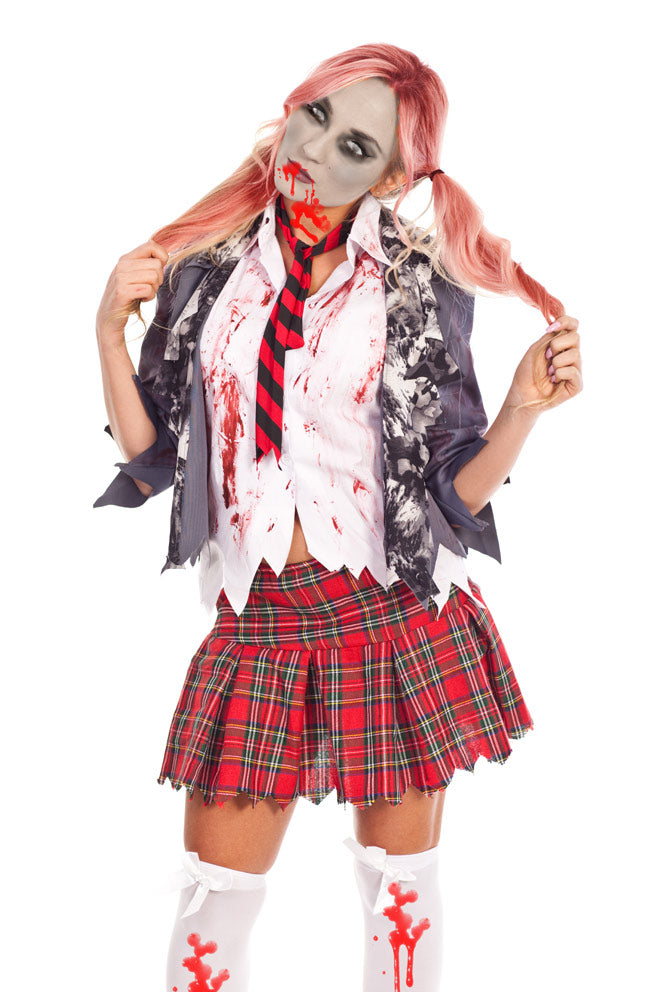 Ladies Halloween Bloody Zombie School Girl Dress Costume