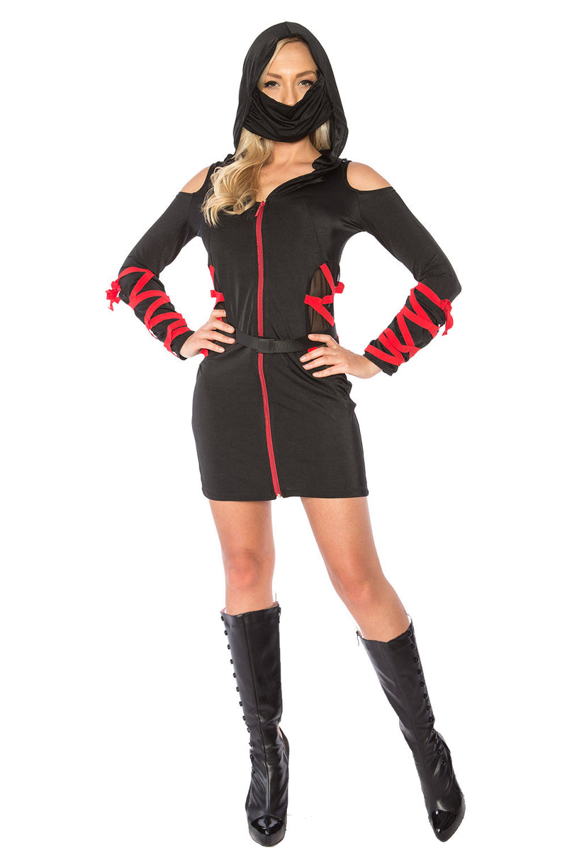 Ladies Ninja Assassin Costume Womens Japanese Deadly Halloween Black Fancy Dress