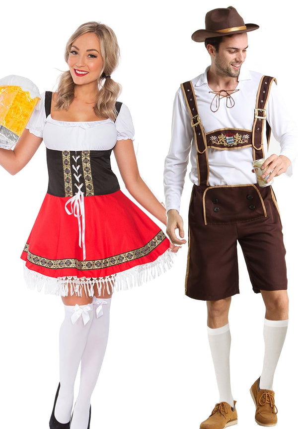 Couple Oktoberfest Dirndl Beer Maid German Lederhosen Costume