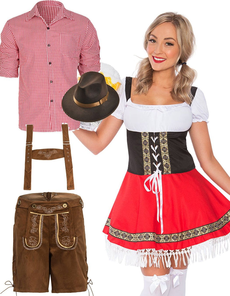 Couple Red Lederhosen Oktoberfest Beer Dirndl
