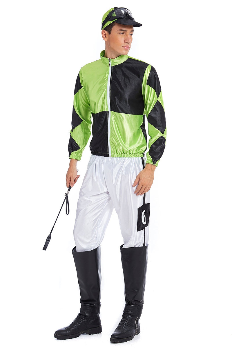Green Black Jockey Horse Racing Rider Mens Uniform Fancy Dress Costume