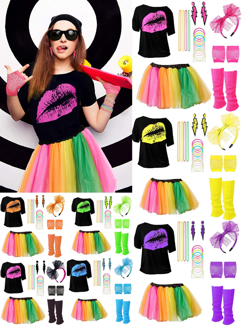 Ladies 80s Costume Accessories Set T-Shirt Rainbow Tutu Headband Earring Necklace Leg Warmers