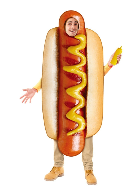 Child wearing giant hot dog costume with mustard squeeze bottle prop