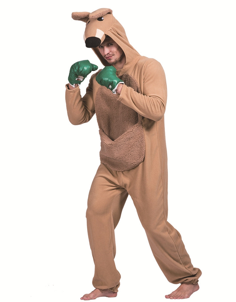 Adult in tan kangaroo onesie with hood, tail, and green boxing gloves